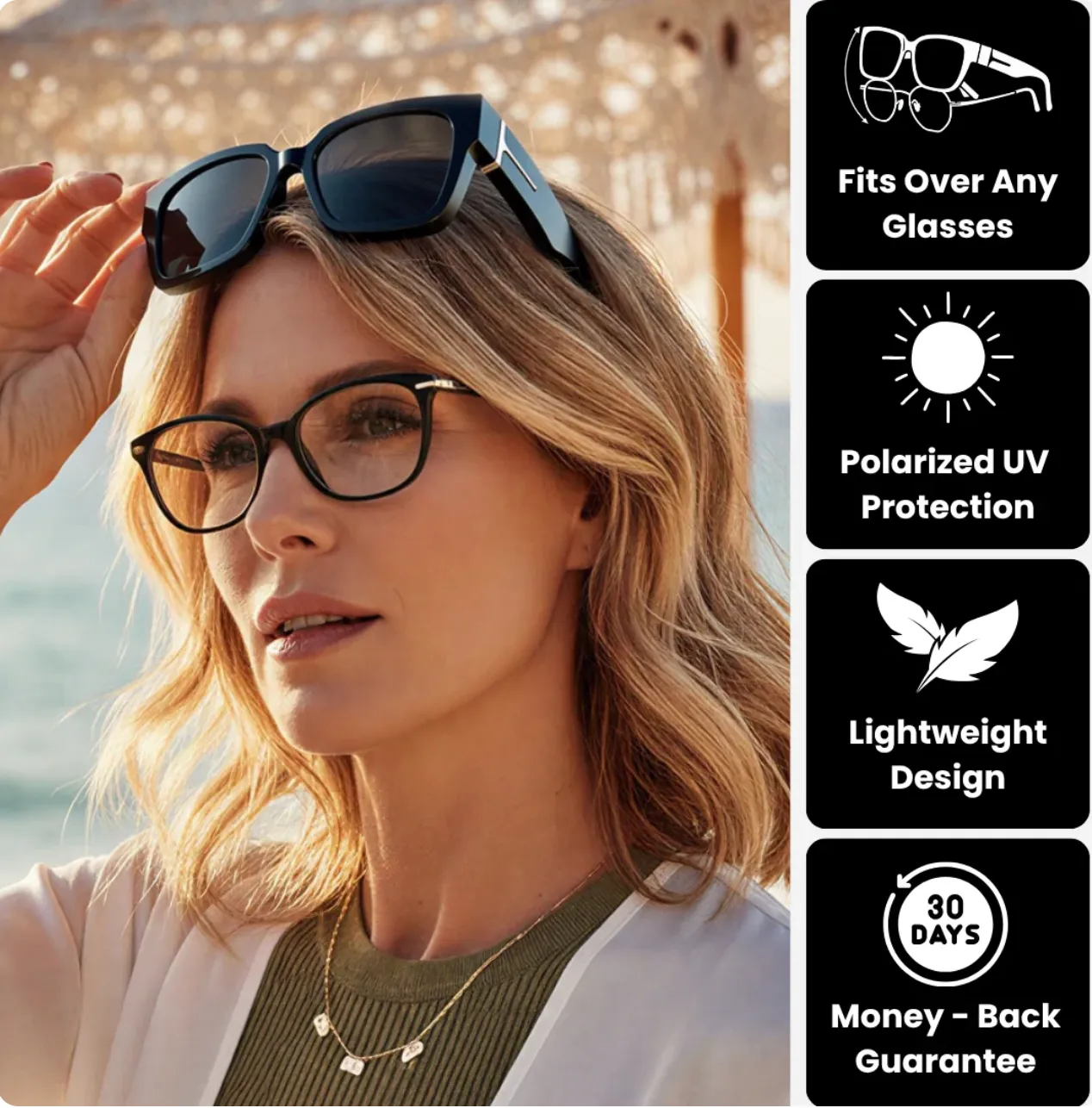 Woman wearing fit-over sunglasses above regular prescription glasses